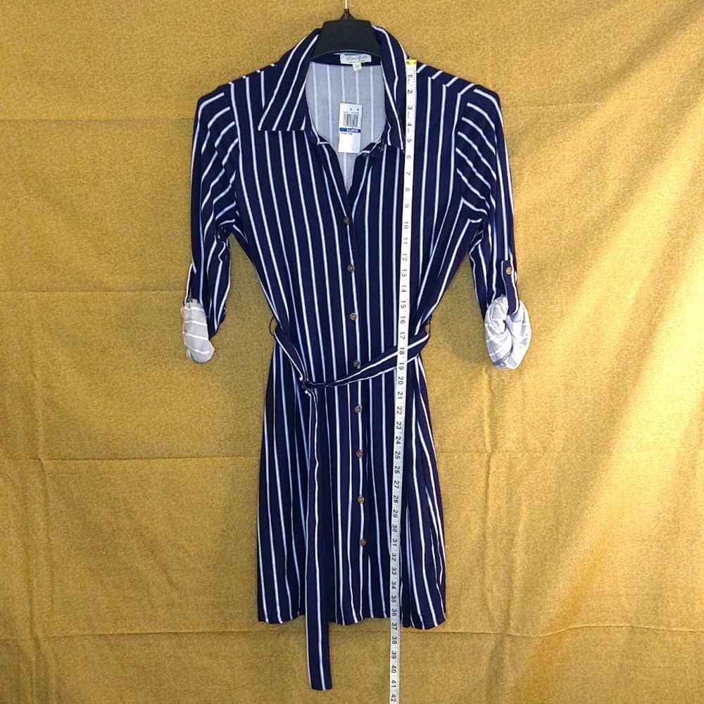 Women Navy Stripe Belted Shirt Dress Size: XL